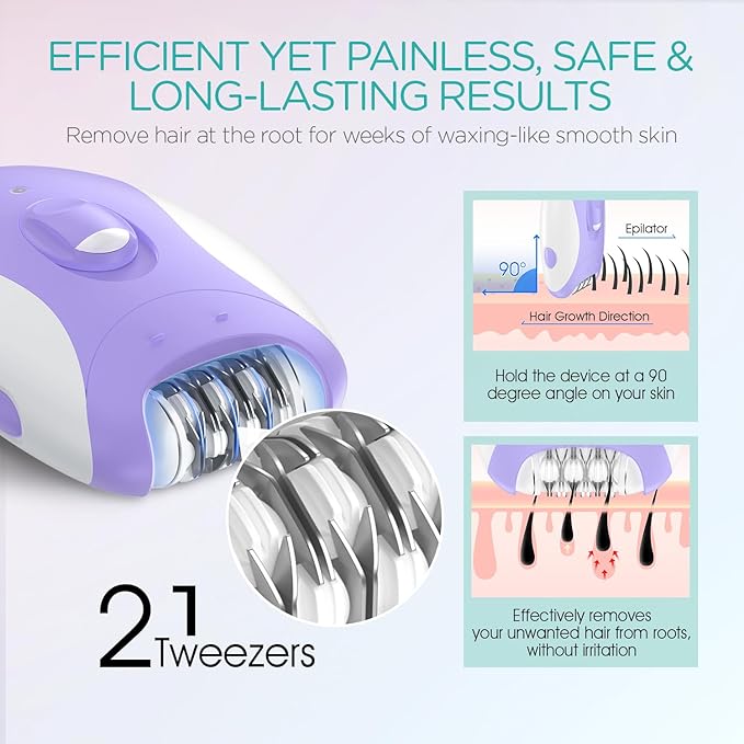 Epilator for Women-Cordless Epilators Hair Removal for Women, 4-in-1 Electric Razor Hair Remover, 2 Speeds & 21 Tweezers for Face Legs Arms Armpit Bikini, Purple HR310