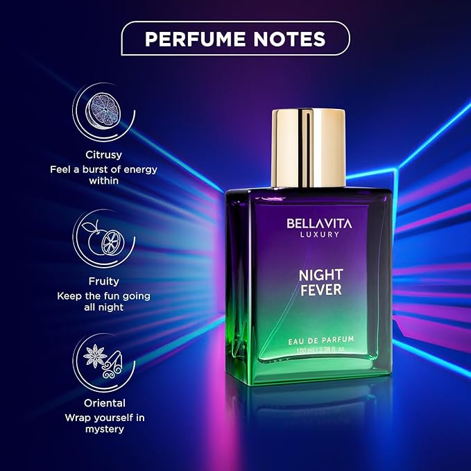 BELLAVITA Luxury NIGHT FEVER Perfume for Women and Men | Notes of Bergamot Mandarin, Peach, Musk & Vanilla | Long Lasting Eau De Parfum for Man and Woman | Fruity Premium Unisex Fragrance Scent