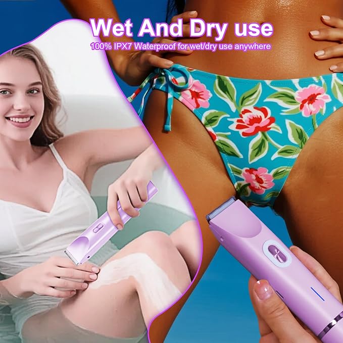 Electric Bikini Trimmer for Women, 2-in-1 Waterproof Hair Shaver and Epilator, IPX7 Wet/Dry Lady Shaver for Bikini, Legs, Underarms, Purple