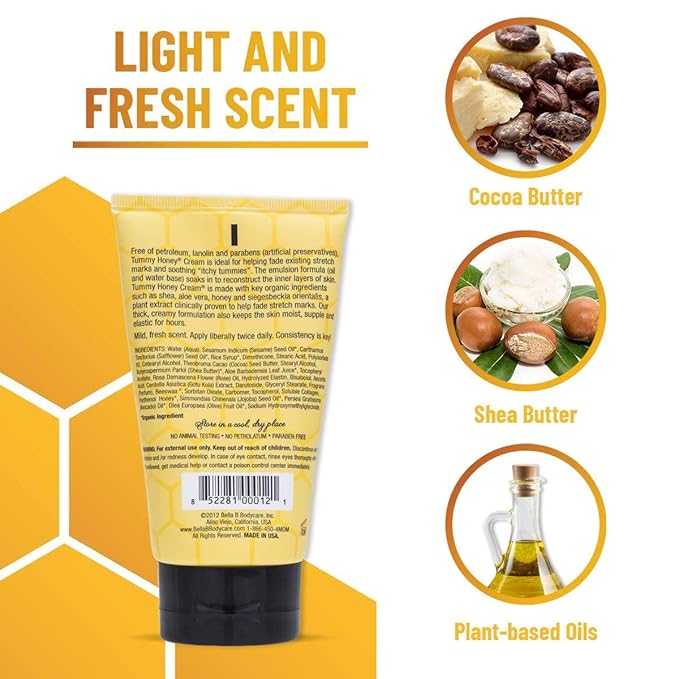 BELLA B NATURALS Tummy Honey Cream 4oz - Bella B Tummy Cream For Fading Stretch Marks - Pregnancy Cream To Prevent Stretch Marks - Stretch Marks Cream For Pregnancy - Pregnancy Stretch Mark Prevention