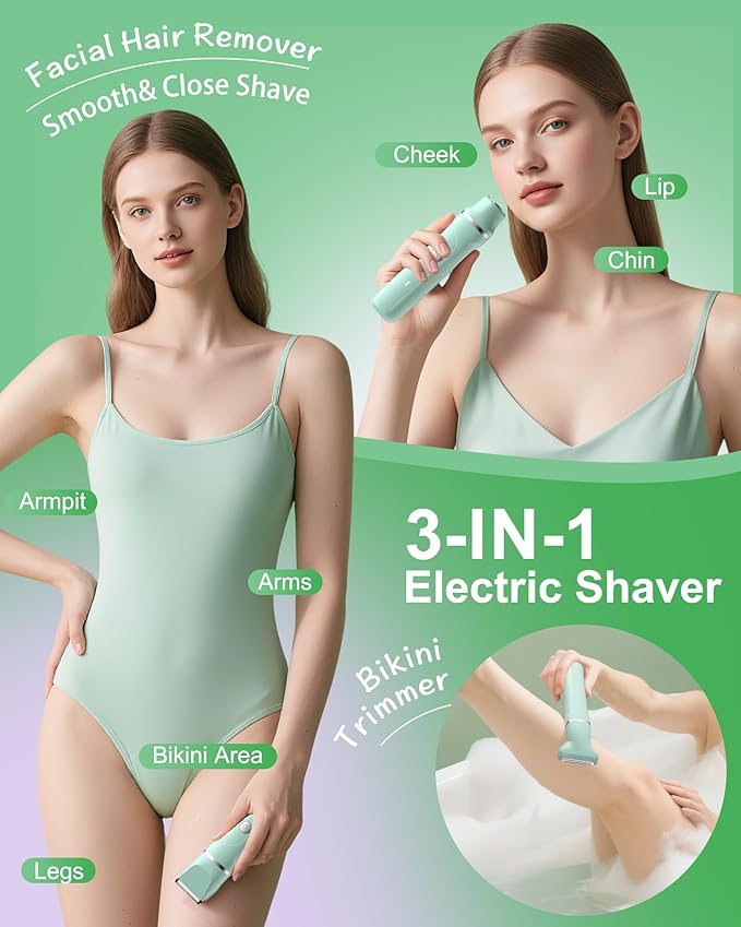 Bikini Trimmer for Women - 3 in 1 IPX7 Waterproof Electric Razors for Women,Body Pubic Hair Electric Shaver for Womens & Facial Hair Remover,Rechargeable Wet/Dry for Body,Underarm,Leg(Mint Green)