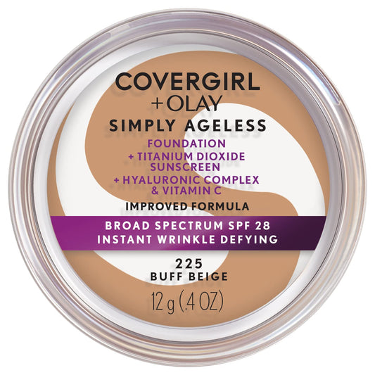 COVERGIRL Simply Ageless Instant Wrinkle Defying Foundation, SPF 28, Hyaluronic Complex & Vitamin C - 225 Buff Beige, Pack of 1