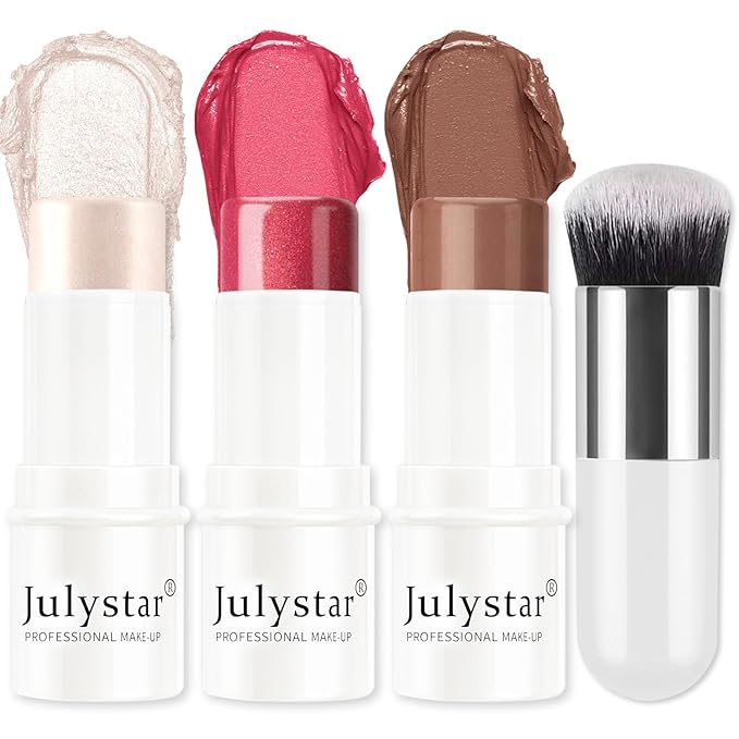 3Pcs Cream Contour Stick Makeup Set, Cream Bronzer Blush Highlighter Stick for Cheeks Eyes Lips, Long Lasting Waterproof Blendable Dewy Finish Face Stick Trio Wand for All Skin (1+3+6)