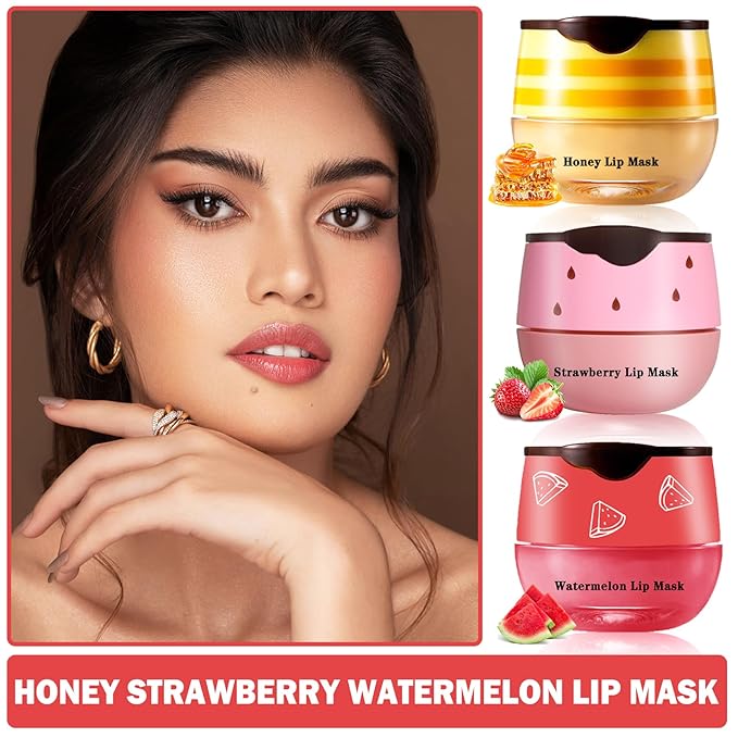 3PCS Bee Lip Balm Honey Pot Honey Strawberry Watermelon Lip Balm Sleeping Lip Mask Silky Hydrating Bee Lip Balm Honey Lip Mask Overnight Lip Care Products(Honey+Strawberry+Watermelon)