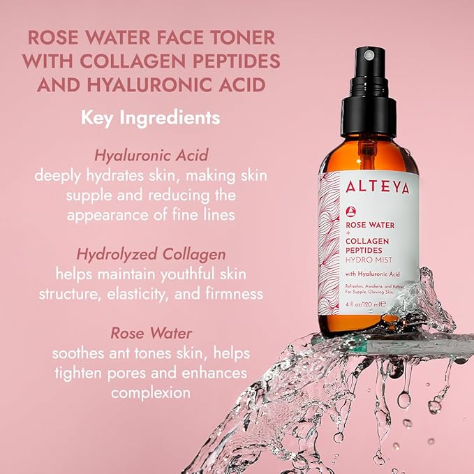 Alteya Organics Rose Water Face Toner – With Collagen Peptides & Hyaluronic Acid – Hydrating Facial Mist for Anti-Aging, Firming & Radiant Skin – 4 Fl Oz / 120mL