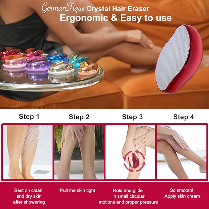 Crystal Hair Eraser,Natural Crystal Hair Remover,Reusable Painless Nano Glass Hair Removal Device Without Shaver,Gentle Crystal Epilator and Exfoliator for Soft Silky Skin(Red)