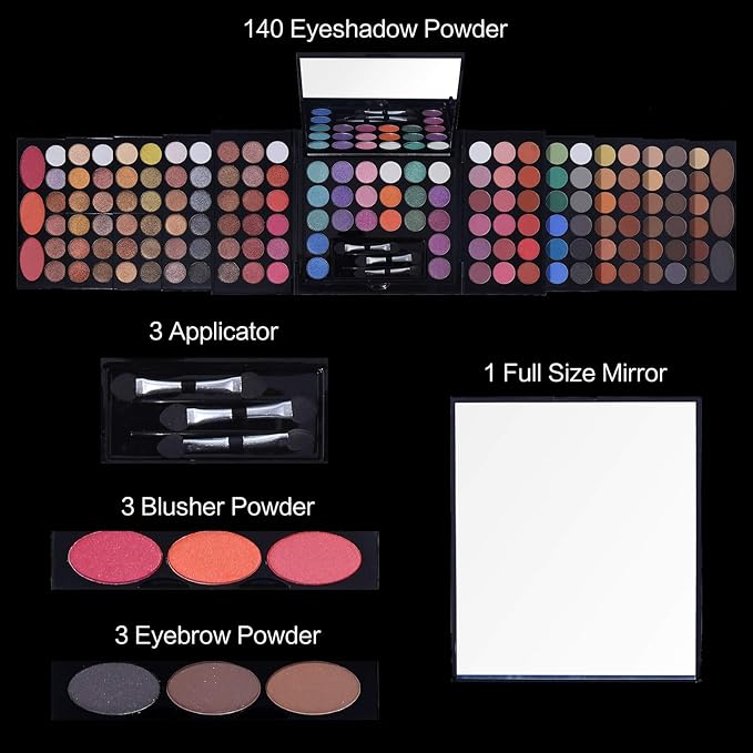 All In One Makeup Kit 142 Ultimate Colors Matte Shimmer Eyeshadow Palette Colorful Gifts For Women 3 blush 3 Sponge Brushs 3 Eyebrow Powder Professional Cosmetics Fashion Women Makeup Case Full Make U