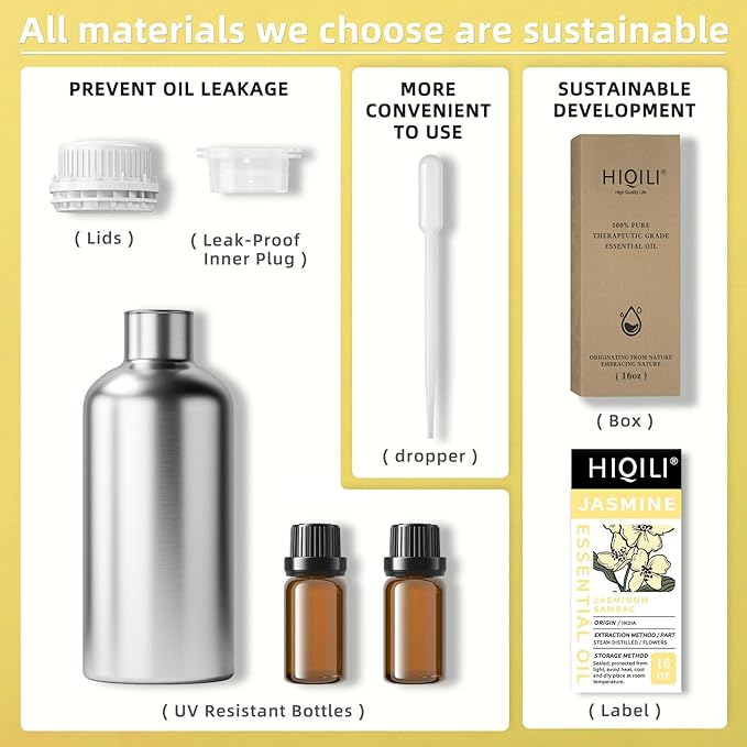 HIQILI 16 Fl Oz Jasmine Essential Oil, 100% Pure Natural for Diffuser, Hair, Skin, Perfume Making - 500ML