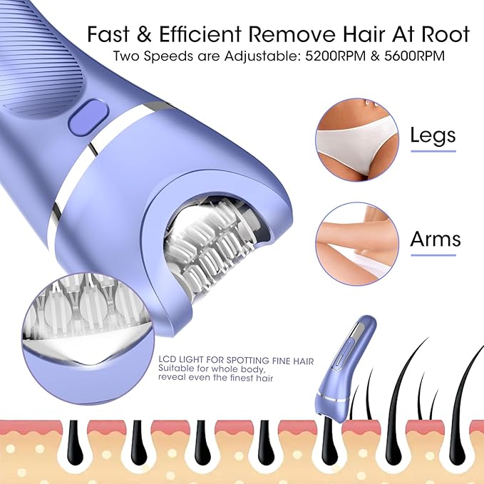 Epilator for Women, 7 in 1 Hair Removal for Women, Body Shaver, Bikini Trimmer, Face Razor, Facial Brush, Face Massage, Foot Callus Remover, IPX7 Waterproof Electric Shavers, Ideal Female Gift