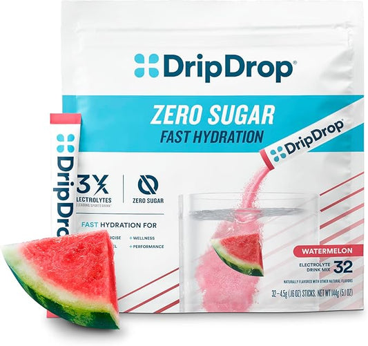 DripDrop Sugar Free Hydration Packets - Zero Watermelon - Single Serve Electrolytes Powder Drink Mix - Non-GMO, Gluten Free, Vegan - 32 Sticks