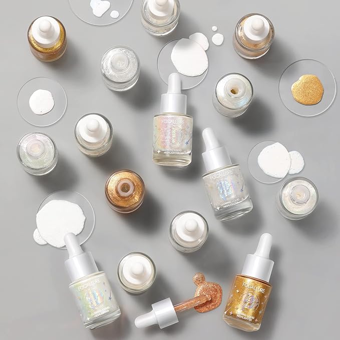 FOCALLURE Starfall Glowing Liquid Highlighter, Shimmering Body Oil, Non-Sticky Shimmer Liquid Luminizer, Non-Greasy, Face & Body Glitter Makeup for Costumes, Cosplay, Rave Festival, CYPRIDINA