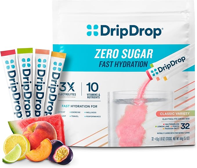 DripDrop Sugar Free Hydration Packets - Zero Classic Variety Pack - Single Serve Electrolytes Powder Drink Mix - Lemon Lime, Watermelon, Peach, Passion Fruit - Non-GMO, Gluten Free, Vegan - 32 Sticks