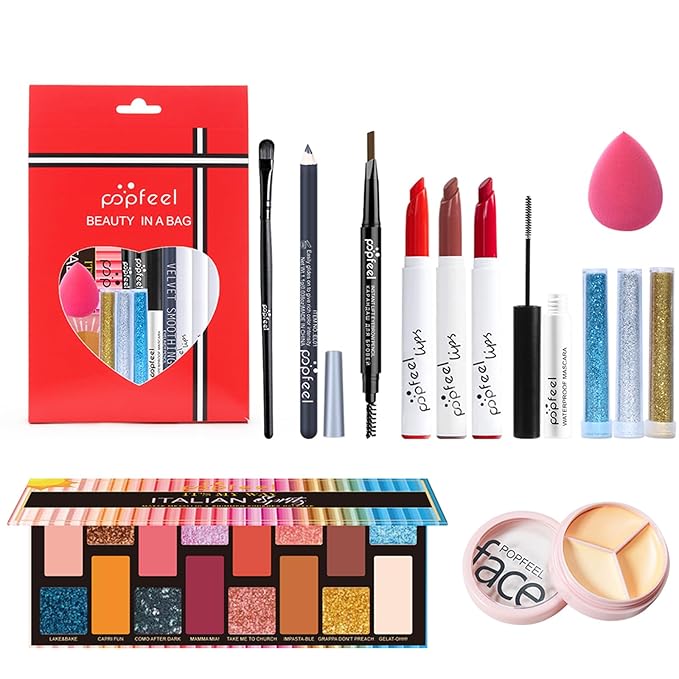 All in One Makeup Kit, Full Starter Essential Makeup Kit for Women Beginners Includes Eyeshadow Palette Lipstick Mascara Eyeliner Eyebrow Pencil Concealer Powder Puff Set