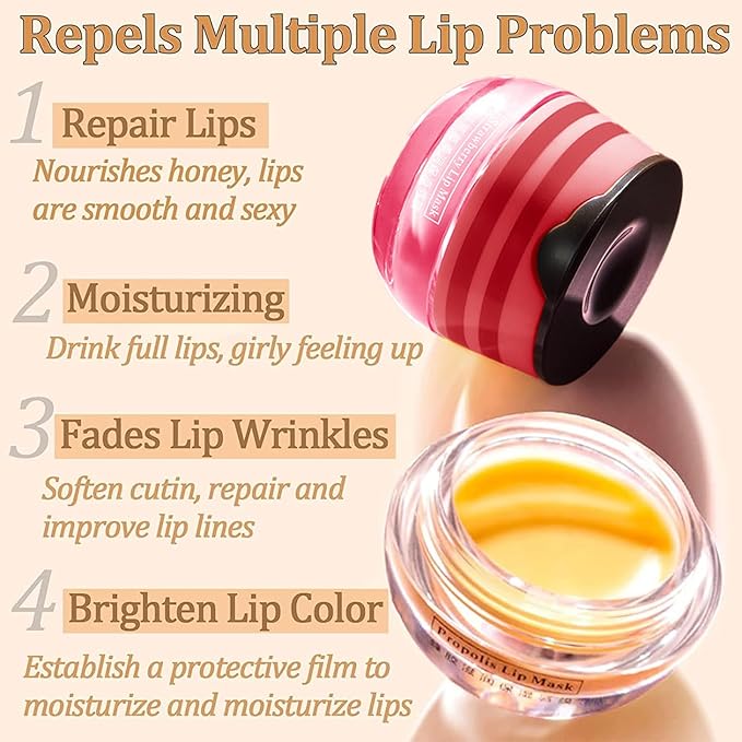 4 PCS Honey Lip Balm Pot, Honey & Strawberry Lip Sleeping Mask Vitamin E & Moisturizing Propolis Lip Balm with Stick, Prevention Dry and Cracked Lip Scrubs Exfoliator Lip Wrinkle