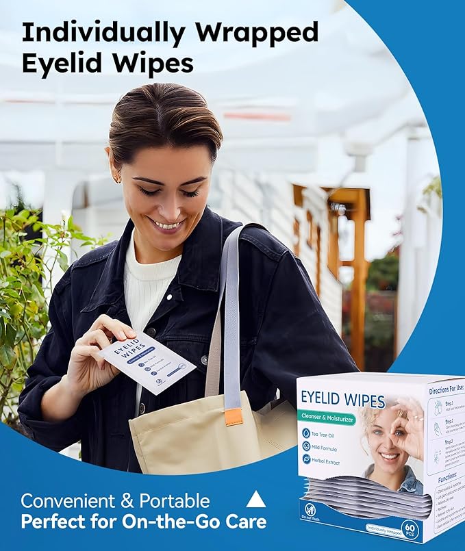 60-Count Eyelid Cleansing Wipes for Dry Eye & Blepharitis, tea tree oil Pre-Moistened Hypoallergenic EyeWipes for Sensitive Itchy Eyes, Individually Wrapped Eyelid Wipes Travel Essentials