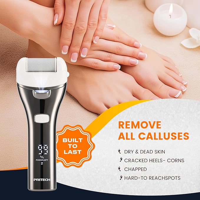 Electric Foot Callus Remover, Rechargeable Portable Electronic Foot File Pedicure Kits, 3 Roller Heads, 3 Speed, Battery Display for Remove Cracked Heels Calluses and Dead Skin
