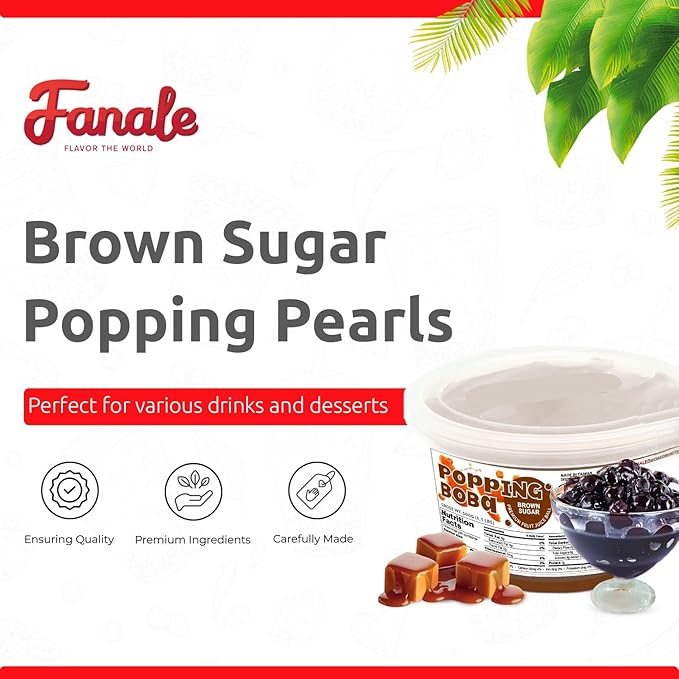 Fanale Brown sugar Popping Boba Pearls, Vegan, Non GMO, Gluten Free, Fat Free, Perfect for Bubble Tea, Smoothies, Ice Cream, Desserts, and Beverages