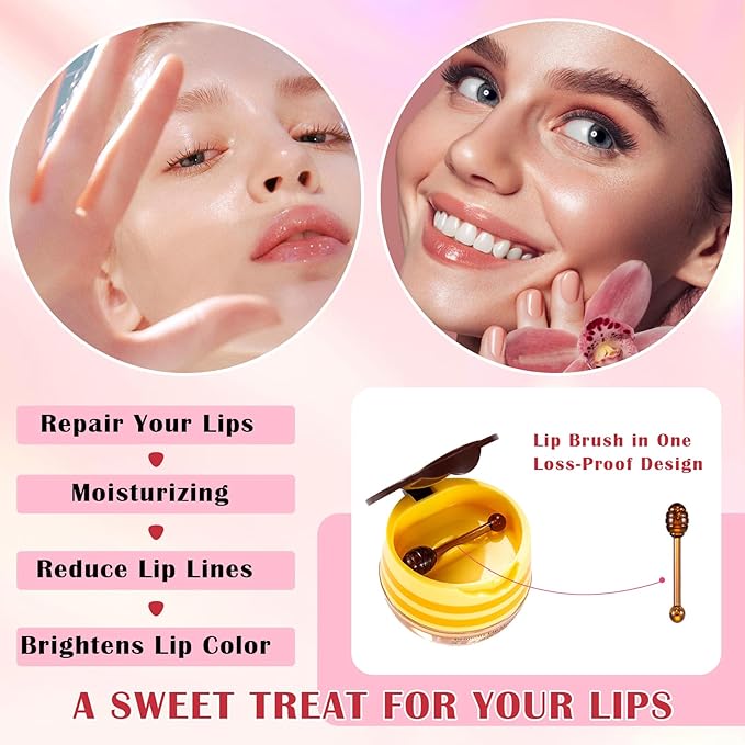 Honey Lip Balm (Strawberry, Watermelon) - Smooth, Hydrating Propolis Lip Mask Overnight Scrubs Exfoliator, Natural Ingredients, Lip Care Set