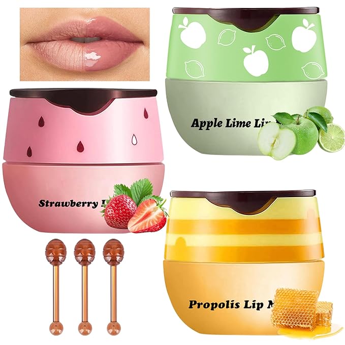 3Pcs Lip Balm Honey Pot with Stick, Honey Strawberry Apple Moisturizing and Hydrating Sleeping Lip Mask, Day and Night Repair and Care, Improve Lip Color, Reduce Lip Lines (SET A)