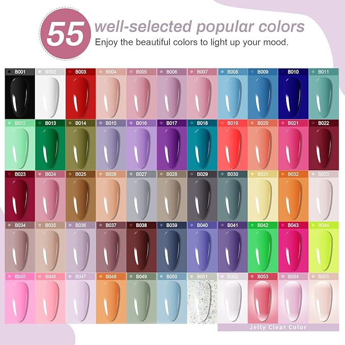 JODSONE Gel Nail Polish Kit 60 PCS with U V Light Soak off Base Top Coat 55 Shine Colors Gel Nail Kit Bright and Dark Brown Wine Red Series Manicure Set for Women and Girls