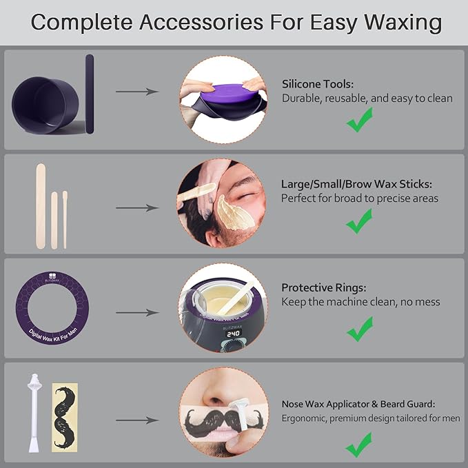 BLITZWAX Back and Nose Waxing Kit for Men, Hard Wax Warmer for Brazilian, Body and Face, At Home Hair Removal Kit, Beginner Friendly, Quick Heating, 93 Accessories, Charcoal Grey