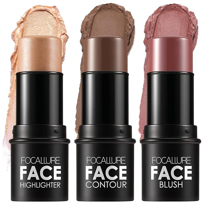 FOCALLURE 3 Pcs Cream Contour Sticks,Shades with Highlighter & Bronzer & Blush,Non-greasy Long-wear Face Contouring Pen,Easy to Sculpt the Face and Create a Lightweight Finishing Makeup,DEEP