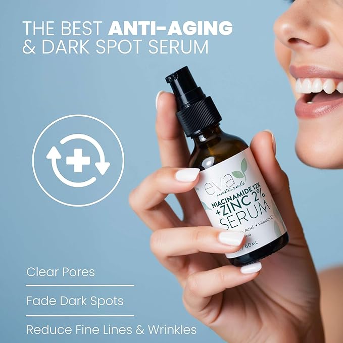 Eva Naturals Niacinamide 12% + Zinc Serum for Face – Dark Spot Remover, Pore Minimizer, Redness Relief, Hydrating Vitamin B3 with Botanical Hyaluronic Acid, Anti-Aging Facial Serum for Clear Skin