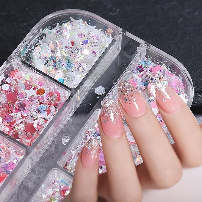 12 Grids Star Nail Art Glitter Sequins Heart Shaped Mermaid Nail Sequins Holographic Mermaid Nail Flakes Sticker Sequin Heart Nail Art Glitter for Women DIY Acrylic Nail Decoration