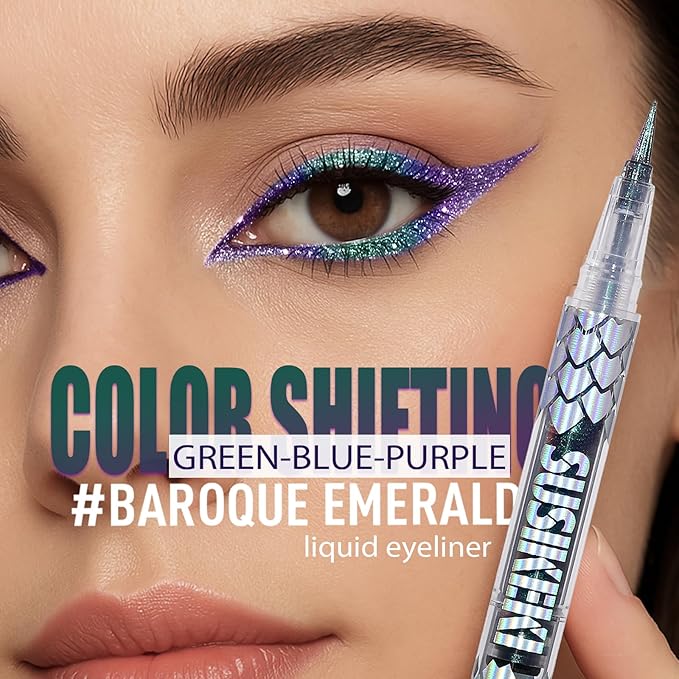 Chameleon Multi-Chrome Liquid Eyeliner, Green Blue Purple Color Shifting Shimmery Eye Liner, Waterproof Long Lasting Colored Glitter Eye Makeup Pen Eyeliners,#2 Baroque Emerald