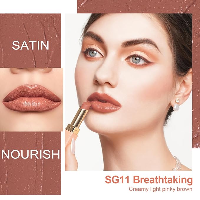 Oulac Color Rich Satin Lipstick - Pink Brown Full Coverage Lip Color, Creamy Silky-Smooth, Moisturizing, Satin Matte Finish, Infused With Shea Butter, Vegan & Clean Beauty, 4g, SG11 Breathtaking