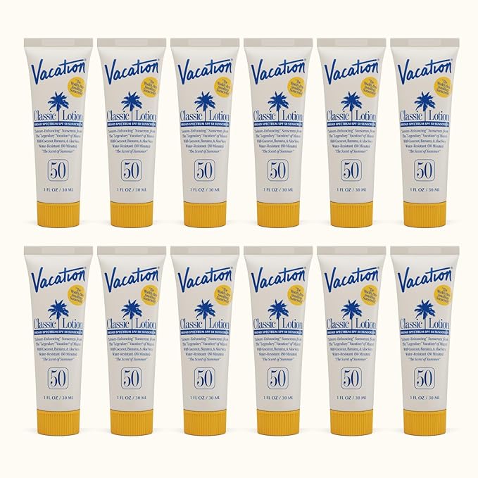Vacation Mini Classic Lotion SPF 50, Water-Resistant, Mini Sunscreen Bulk Party Favor, Beach Must Haves, Traveling Essentials, Suntan Lotion Travel Size, 1 Fl. Oz. (Value Pack of 12)