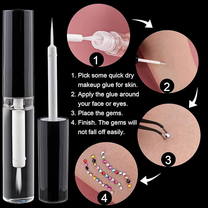 Flat Back Rhinestone+Half Round Pearl Kits Colorful Rhinestones+White AB&Beige AB Pearls With Quick Dry Makeup Glue+Picker Pencil+Tweezer For Nail Art And Face Make-up