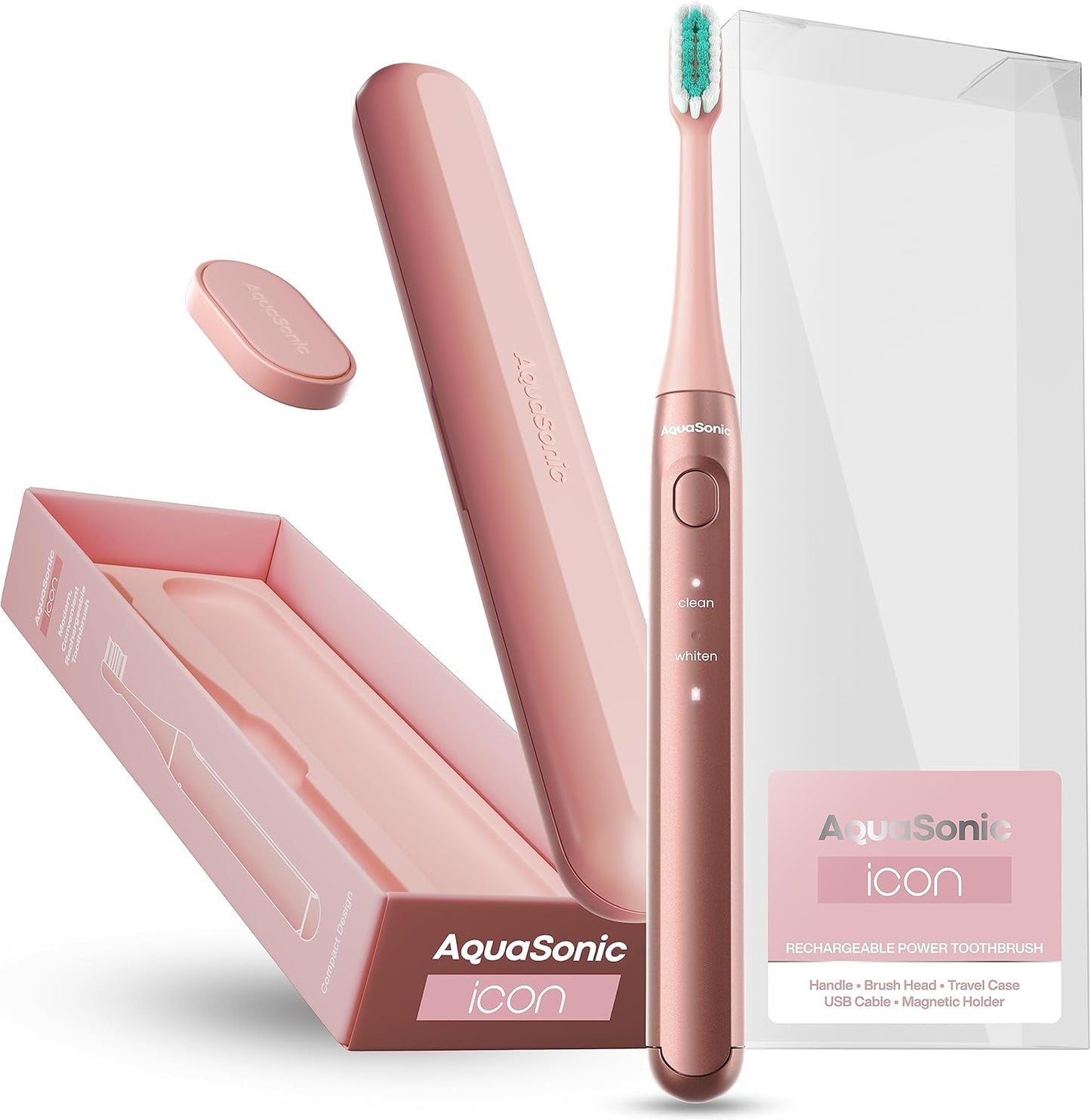 Aquasonic Icon ADA-Accepted Rechargeable Toothbrush | Magnetic Holder & Slim Travel Case | 2 Brushing Modes & Smart Timers | Gentle Micro-Vibrations (Blush)