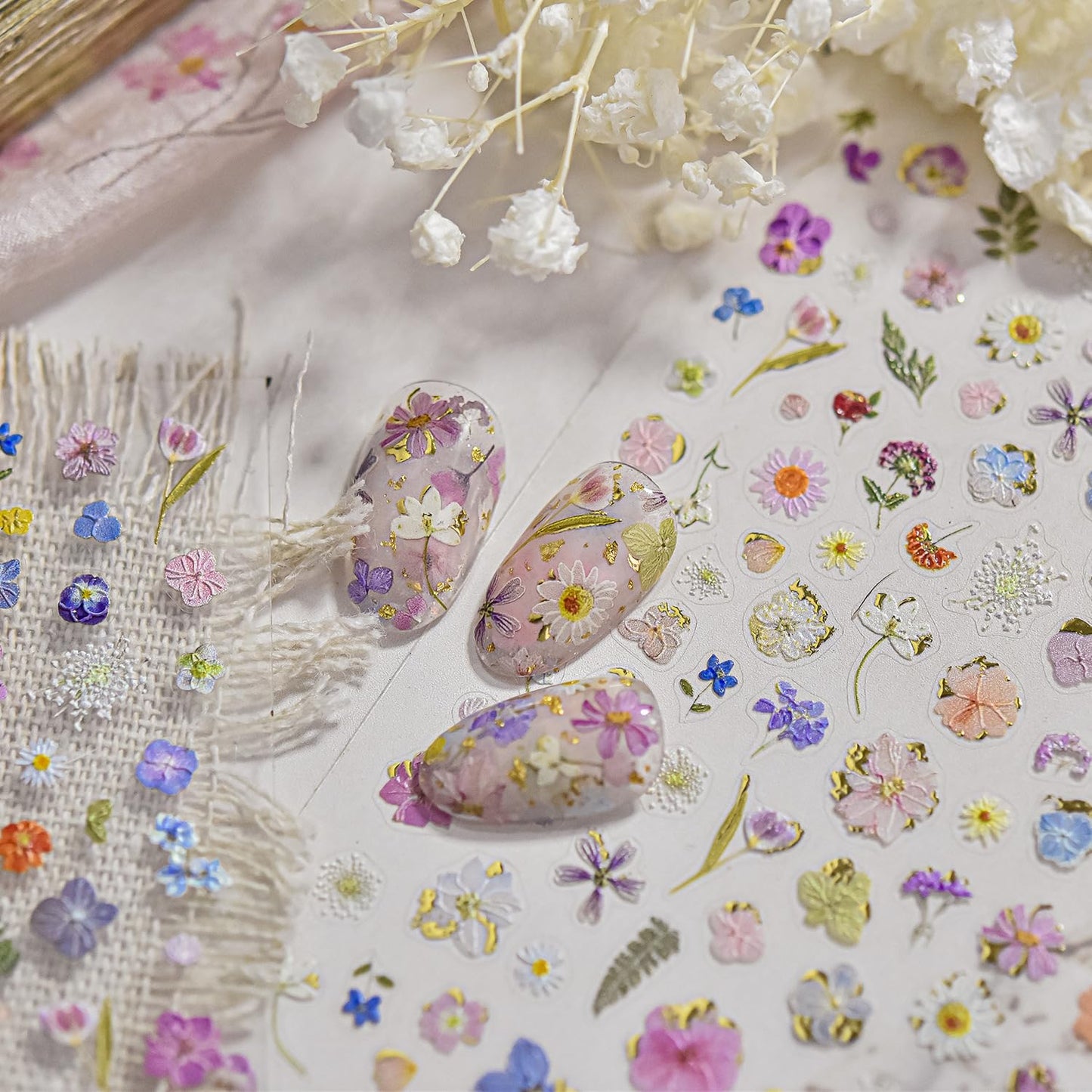 Flowers Nail Art Stickers Colorful Dried Flower Nail Decals 3D Self Adhesive Gold Foil Designs Spring Summer Nail Sticker Daisy Nail Stickers Cute Floral Nail Decal for DIY Nail Art Nails Decor Women