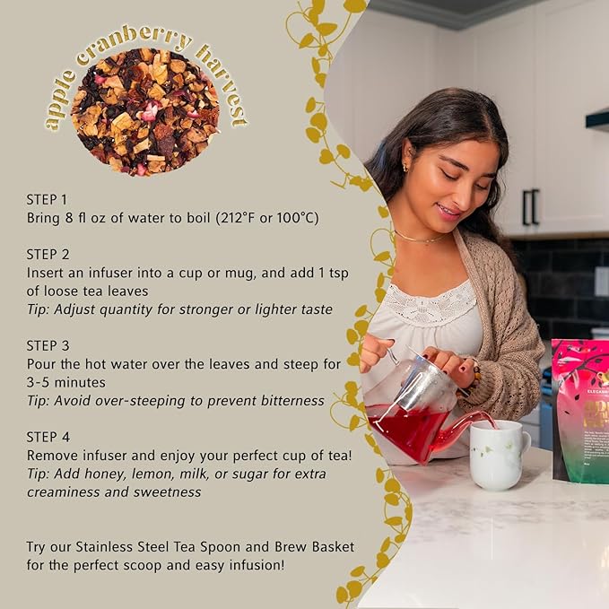 Apple Cranberry Harvest Tea, Organic Loose Leaf Herbal Tea – Real Fruit, Summer Juice, Caffeine-Free, Refreshing Sweet Iced Drink – 4 oz Resealable Bag (Makes 50 Cups)