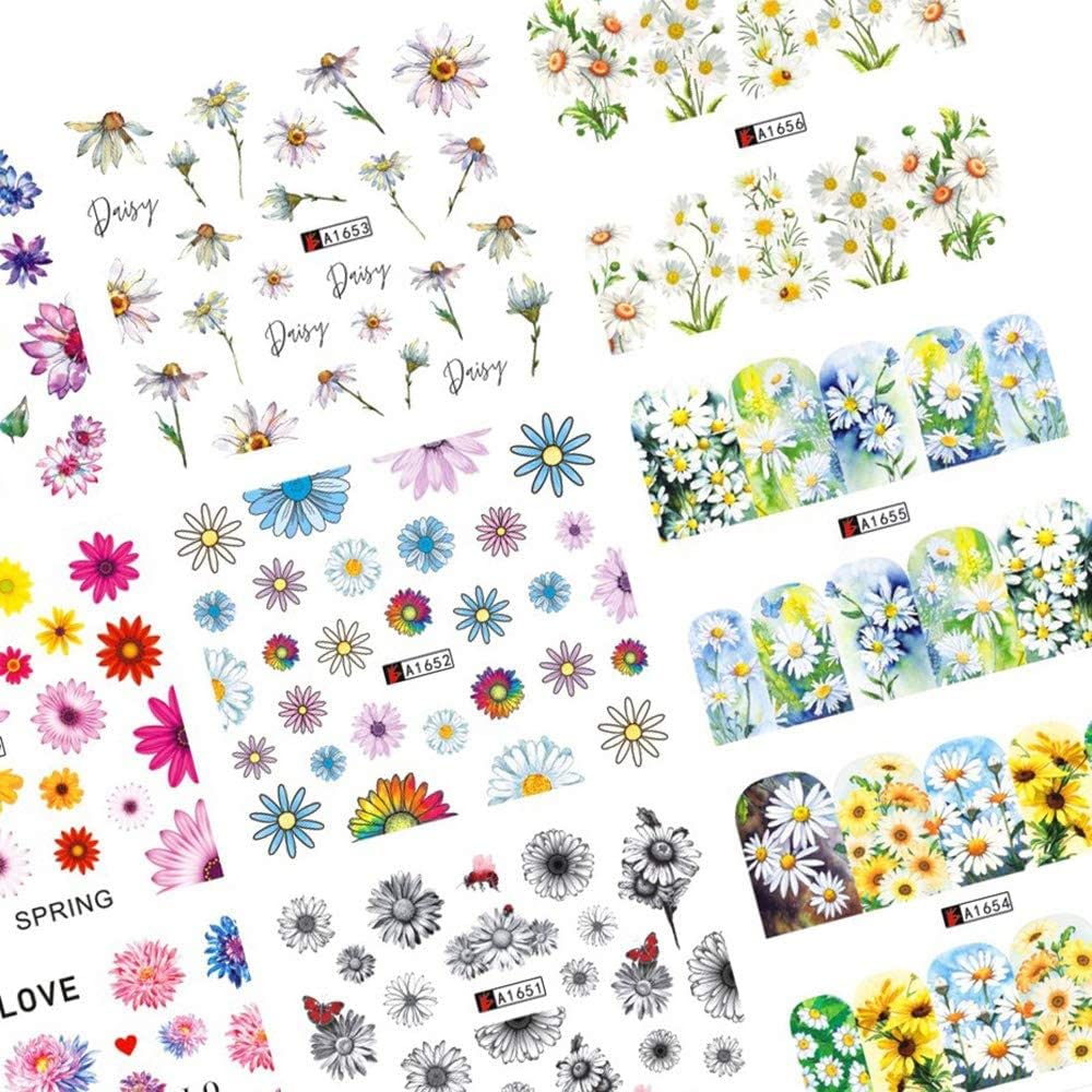 Daisy Nail Art Stickers Decals, 12 Sheets Flower Designs Water Transfer Nails Foils Spring Summer Daisy Nail Art Supplies Watermark Slider Nail Stickers Manicure DIY Decorations for Women