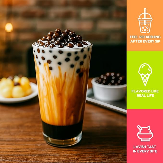 Fanale Brown Sugar Popping Boba Pearls, Vegan, Non GMO, Gluten Free, Fat Free, Perfect for Bubble Tea, Smoothies, Ice Cream, Desserts, and Beverages.