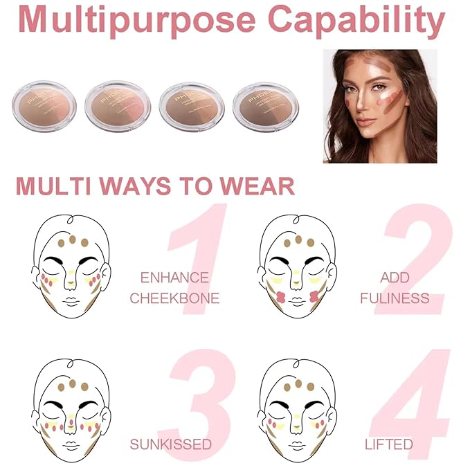 Baked Blush Highlight Bronze Powder 3-in-1 Contour Palette Sculpt Satin Silky Smooth Makeup Palettes Powder (003-Medium)