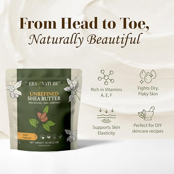 era of nature Organic Unrefined Raw African Ivory White Shea Butter 32oz - Moisturizing Raw Shea Butter Bar for Skin & Hair, DIY Lip Balm Base, Cream, Soap & Lotion Making Supplies Kit, Skincare
