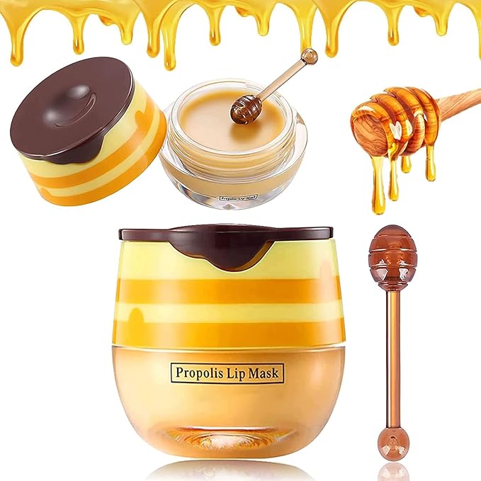 Bee Lip Balm Honey Pot, Exfoliating Honey Propolis Lip Mask, Hydrating & Prevention Dry and Cracked Lip Scrubs Exfoliator Lip Sleeping Mask Reduces Lip Lines Nourishing Lip Care Mask