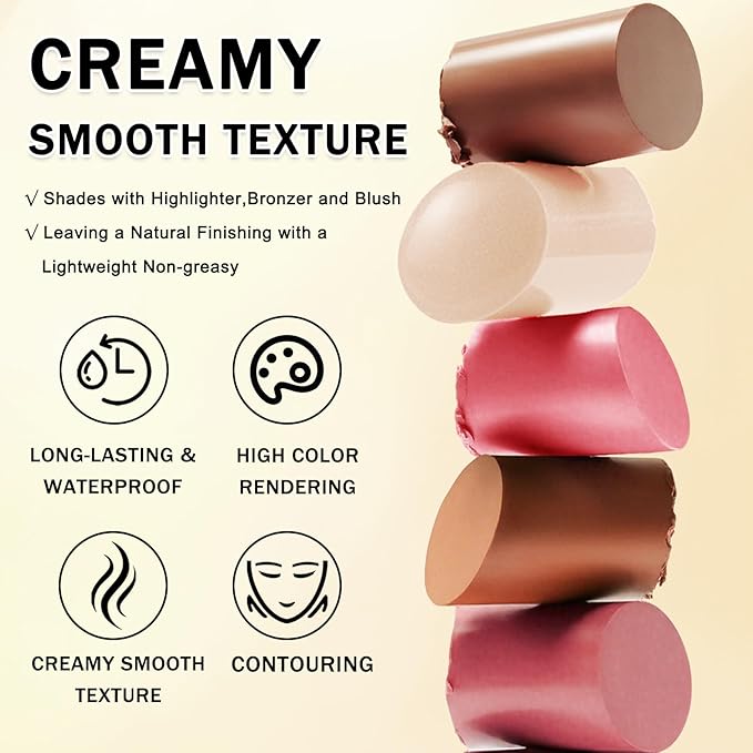 6 Colors Cream Contour Stick Makeup Kit, Double-ended Cream Highlighter Stick Bronzer and Blush Stick for Sculpt the Cheeks, Matte & Dewy Finish, Face Contour Kit for Beginners, Set A