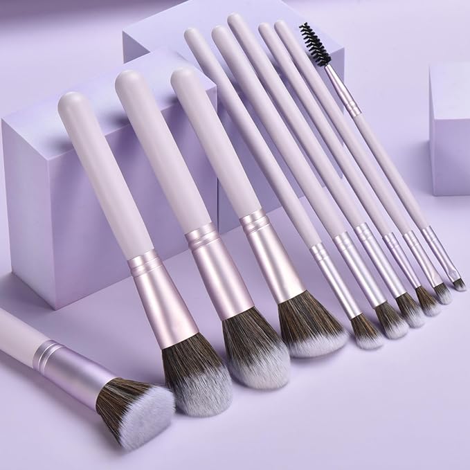 10 Piece Purple Makeup Brushes Set and 3 Piece Makeup Sponge - Wooden Handle with Soft Synthetic Bristles, for Face & Eye Makeup | Professional Cosmetic Brushes | Includes Travel Pouch