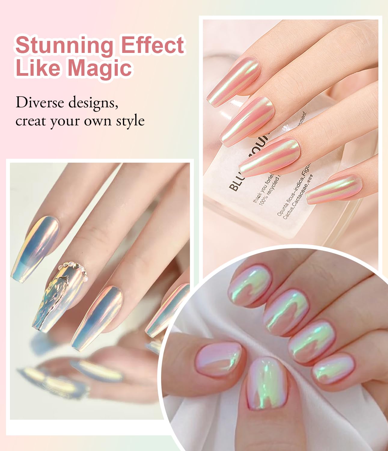 Chrome Nail Powder BISHENGYF: Super Metallic Effect Chrome Powder For Nails Gold Silver Red Laser White Pearl Nail Chrome Powder for Nails Art Decoration