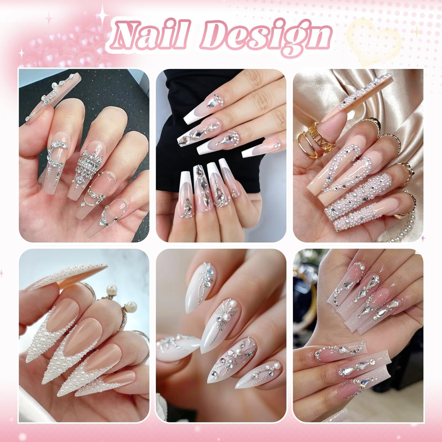 Flatback Pearls (White) and Metal Nail Beads and Glass Rhinestones with Rhinestones Glue Gel for Nail Art, Pearl Nail Charms and Round Caviar Beads Multi Shapes Crystals Gems for Manicure Decor