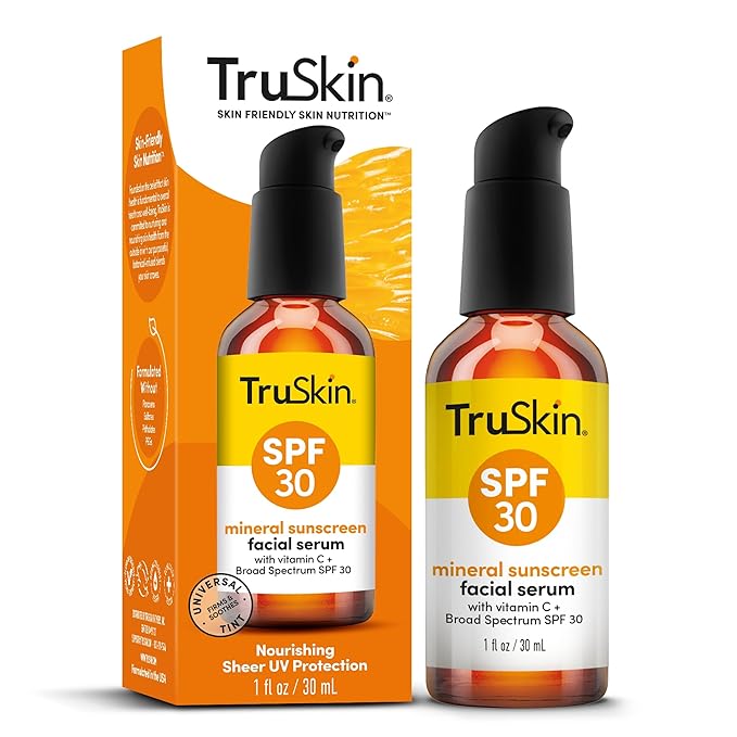 TruSkin Sunscreen Serum for Face – SPF 30 Universal Tinted Mineral Sunscreen Face Serum – Lightweight Transparent Finish – Zinc Oxide, Vitamin C, Hyaluronic Acid, Ceramides, All Skin Types, 1 fl oz