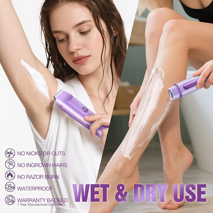 Bikini Trimmer for Women Electric Razors for Women Women's Electric Razor 2 in 1 Shaver Pubic Hair Trimmer Ipx7 Waterproof Wet Dry Use Bikini Shaver for Ladies Pubic, Legs, Face, Underarms (Purple)
