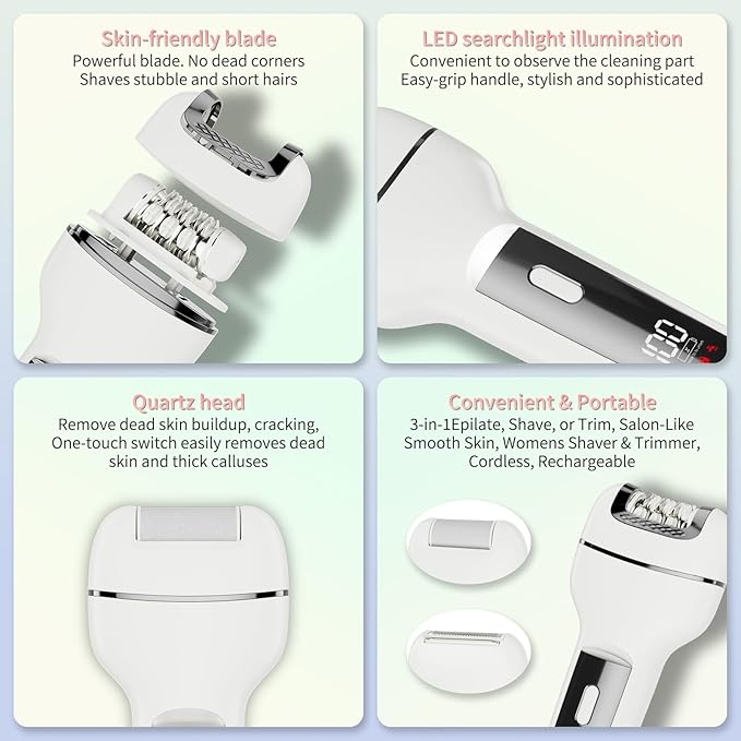 Epilator for Women 3-in-1 Epilator, Body Hair Removal Device,Wet/Dry, Waterproof, Cordless Rechargeable Electric Trimmer & Shaver & Callus Remover for Women & Men 606 Gray