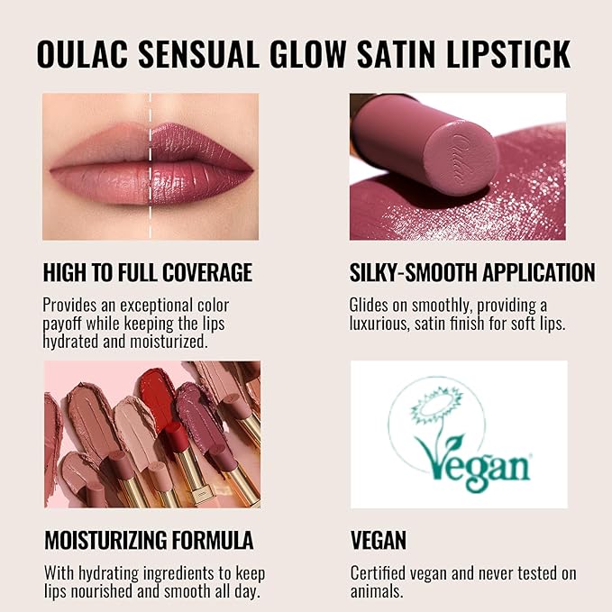 Oulac Color Rich Satin Lipstick - Pink Brown Full Coverage Lip Color, Creamy Silky-Smooth, Moisturizing, Satin Matte Finish, Infused With Shea Butter, Vegan & Clean Beauty, 4g, SG11 Breathtaking