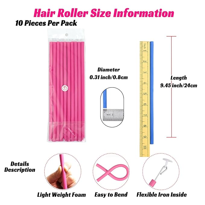 30PCS 9.45" Heatless Flexible Curling Rod, Skinny Small Flexi Rod Soft Twist Foam Hair Rollers for Tight Curl Women Girl Home Use Long and Short Hair (0.31 x 9.45 Inch, Pink#)