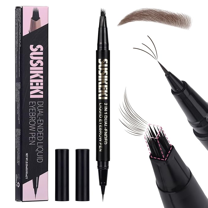 Dual Ended Microblading Eyebrow Pen - 2 in 1 Liquid Eyebrow Pencil with Brow-Fection Angled Brush & Precise Detail Brush-Tip, Shapes & Fills Hair-Like Looking Brows, Lasts All-Day, Dark Brown